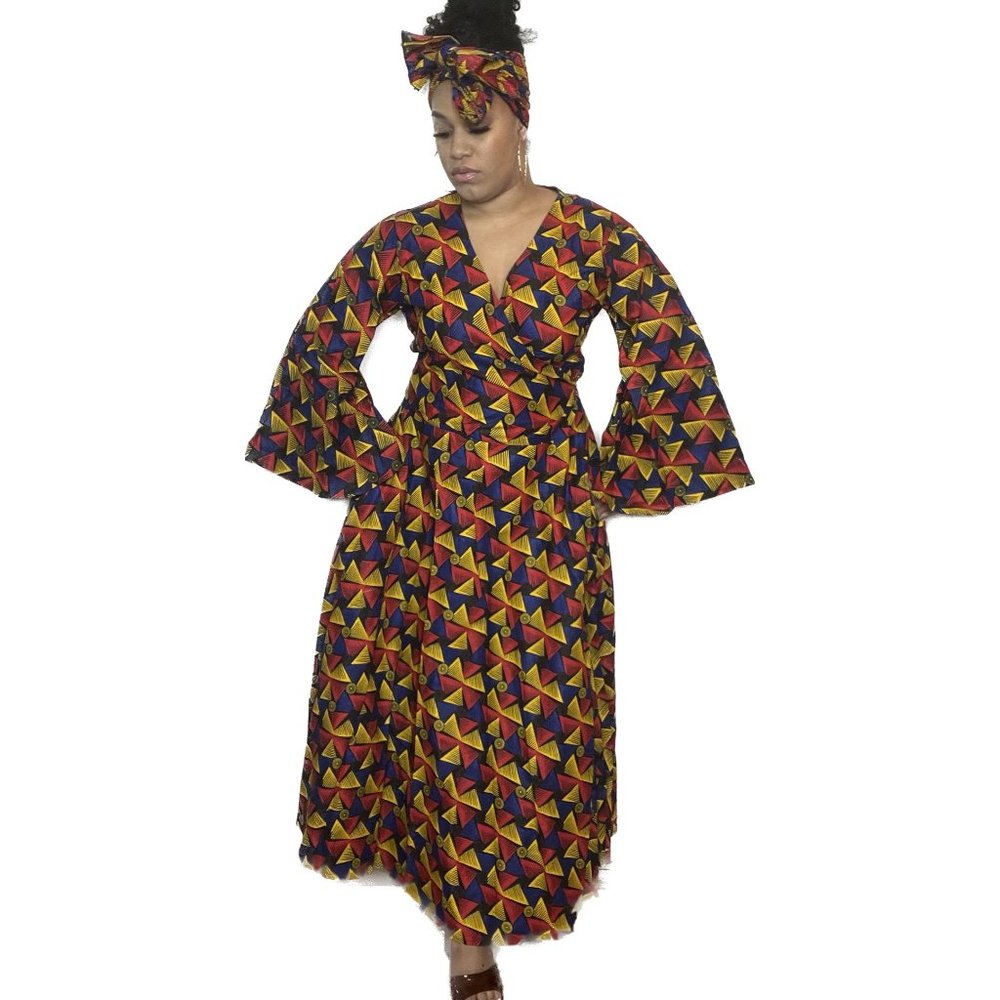 Multicolor Rainbow African Print Bell-Sleeve Wrap Dress - Picture 1 of 3